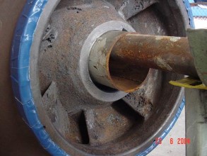 Corroded centrifugal pump impeller at a steel plant